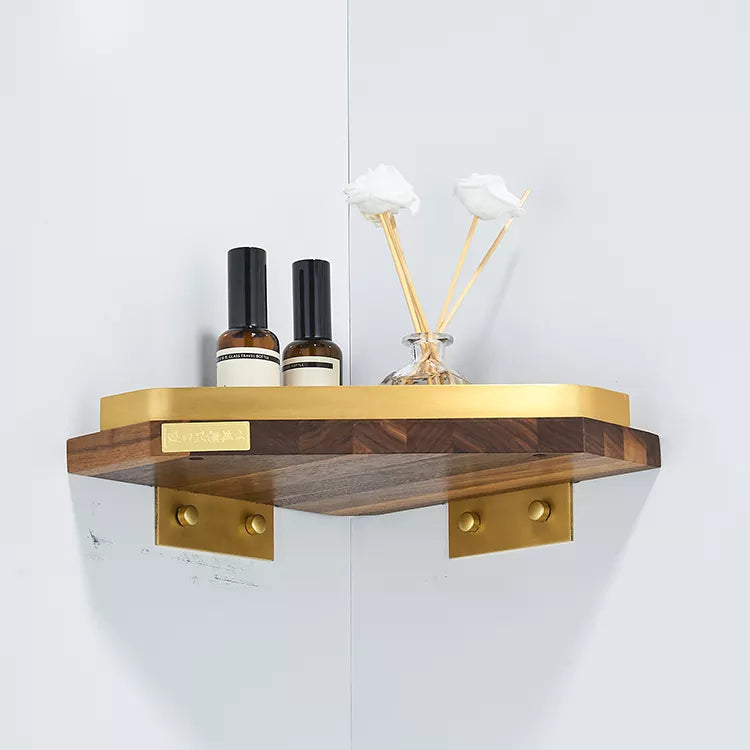 Brushed Gold Walnut Wooden Corner Basket Shower Caddy Shelf Wall Bathroom Shower Corner Caddy Shelf