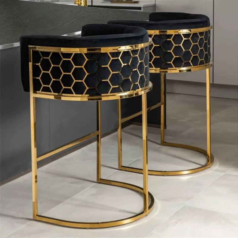Luxury Gold Commercial Velvet Fabric Bar Chair Laser Honeycomb Pattern Stainless Steel High Chrome Base Swivel Kitchen Bar Stool