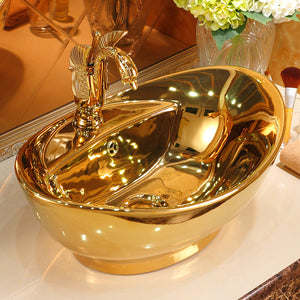 Golden oval shaped washroom gold hand wash basin luxury lavabos bathroom sink