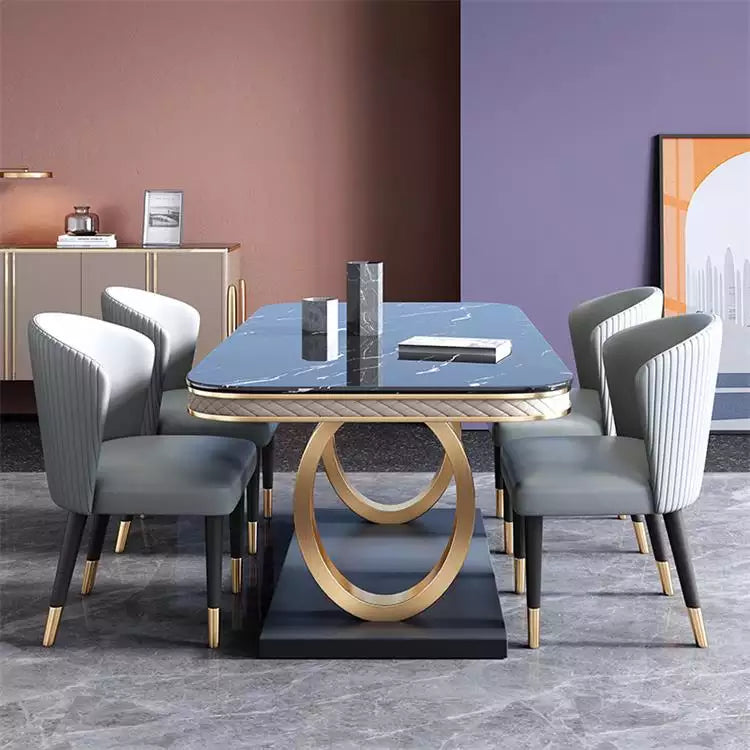 Stainless Steel Long Restaurant Dining Table Electroplated Gold Slate Marble