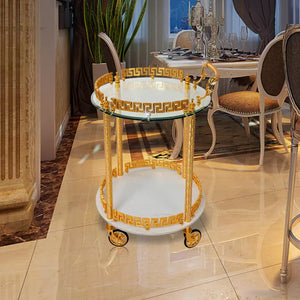 European Elegant White Rock Slab Dining Cart Wedding Decoration Hotel Family Trolleys Luxury Golden Copper Dining Cart