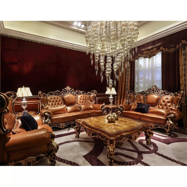 Luxuriöse Wohnzimmer-Sofagarnituren im italienischen Klassikerstil, kirschrot, aus echtem Leder und geschnitztem Holz. 