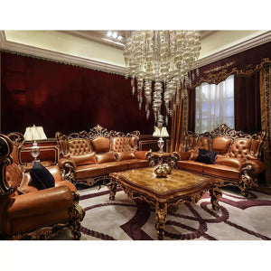 luxury Italian classic style cherry color genuine leather wooden carved living room furniture sofa sets