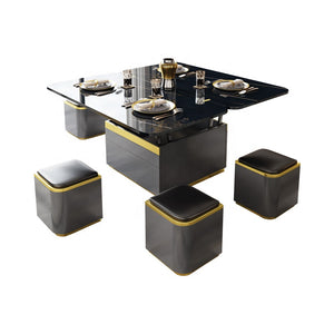Luxury multifunctional lifting marble black coffee table with 6 stools