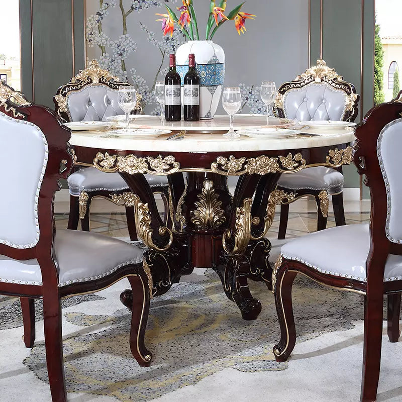 luxury antique European style round white marble top dining table set 6 chairs dining table set
