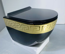 Cargar imagen en el visor de la galería, Italian Black and Gold Hanging toilet Versace Inspired Bathroom Toilet Bowl with System Included
