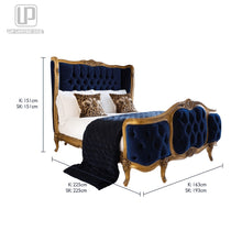 Cargar imagen en el visor de la galería, Hot selling classical Antique style bedroom set 100%hand-carved wooden structure with velvet fabric upholstery double bed
