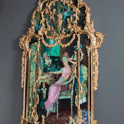 Luxurious European Palace Style Antique Marble Surface Golden Copper Console Hotel Lobby Matching European Style Wall Painting