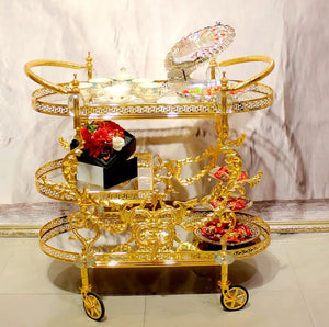 European Luxury Custom Carved Dining Cart Hotel Family Trolley Golden Copper Trolley