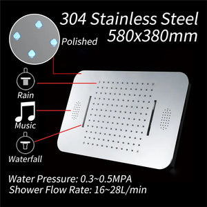 SUS304 23*15 Inch Led Shower Head with Music System Rain and Waterfall Shower Ceiling Embedded Bathroom Shower Faucet Set