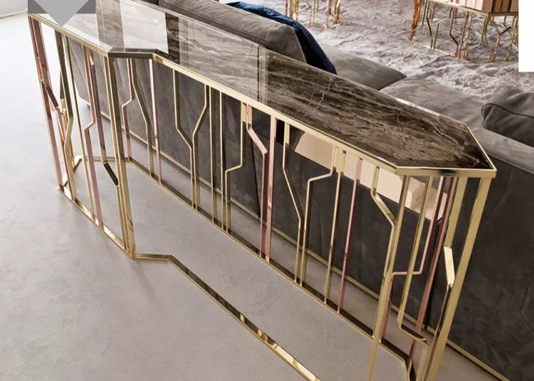 Luxury Marble Top Hallway Corner Console Table Stainless Steel Decorative Living Room Console Table Modern 4mm Thickness Silver or Antique