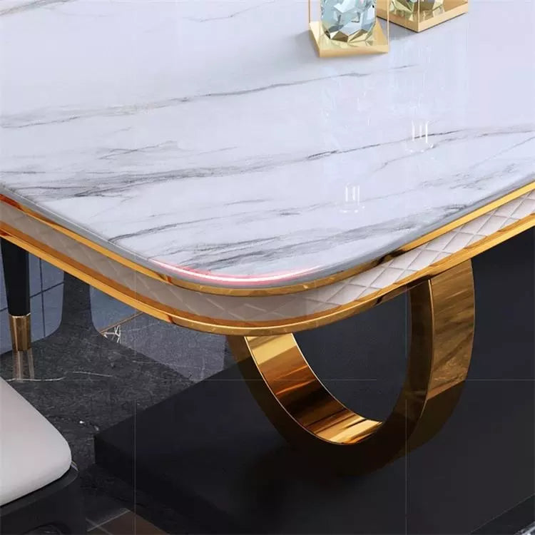 Stainless Steel Long Restaurant Dining Table Electroplated Gold Slate Marble