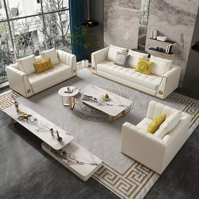 Italienisches Design Sofa mit weißem Lederbezug, Stahlrahmen, Wohnzimmermöbel 