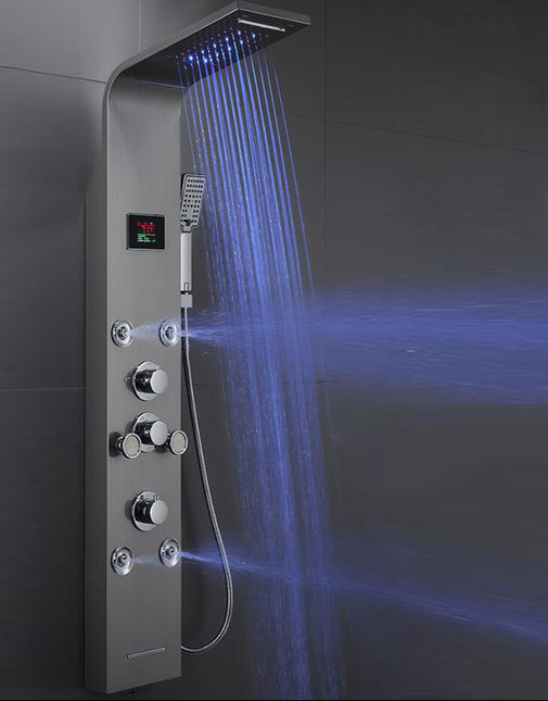 Douche de tête LED 8 pouces, douche de luxe murale avec jets massants et effet pluie thermostatique, panneau et pare-soleil.