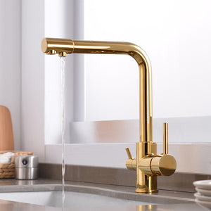 Gold 360 Degree Turn Long Neck Brass Body Two Handle Kitchen Table Sink Filtered Waterway Faucet Tap
