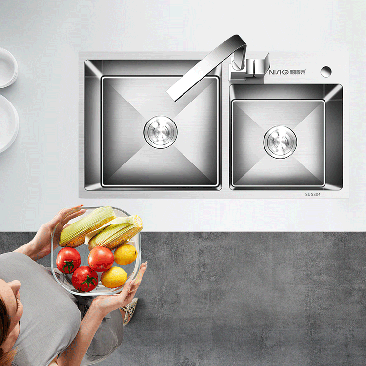 780*430*220mm - 304 Handmade Stainless-steel Sink for Kitchen Double Sink Matte Mixer Drainage to the Sewer
