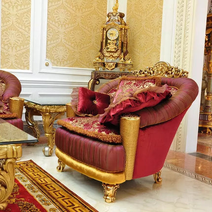 Luxuriöses Sofa-Set im europäischen Villenstil, klassisch goldfarben, aus massivem Holz, handgeschnitzt, mit Stoffbezug 