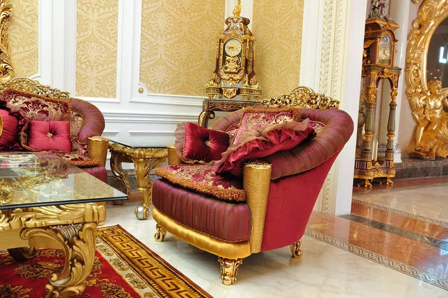 Luxuriöses Sofa-Set im europäischen Villenstil, klassisch goldfarben, aus massivem Holz, handgeschnitzt, mit Stoffbezug 