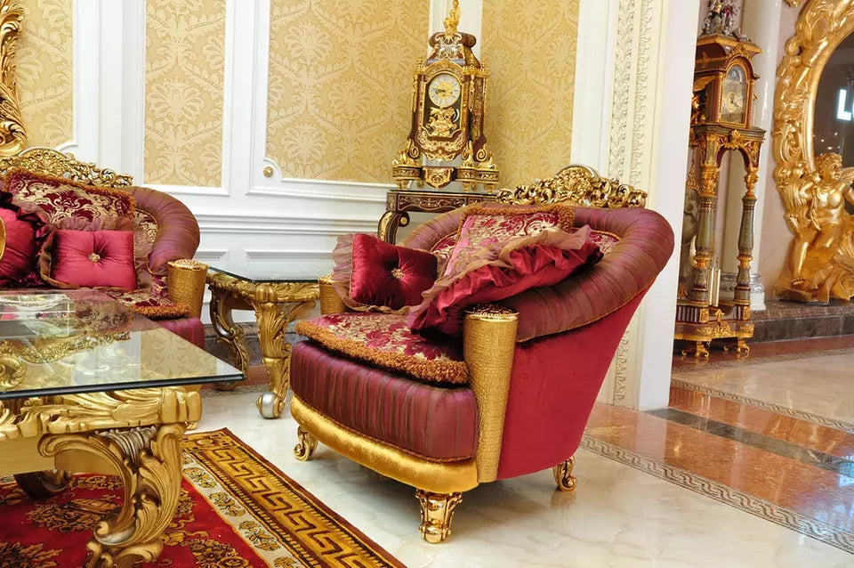 Luxury European Style Villa Classic Gold Color Solid Wood Royal Hand Carved Fabric Sofa Set