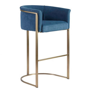 Modern barstool metal legs blue velvet bar chair