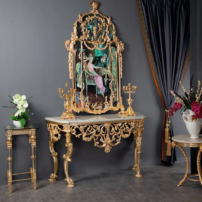 Luxurious European Palace Style Antique Marble Surface Golden Copper Console Hotel Lobby Matching European Style Wall Painting