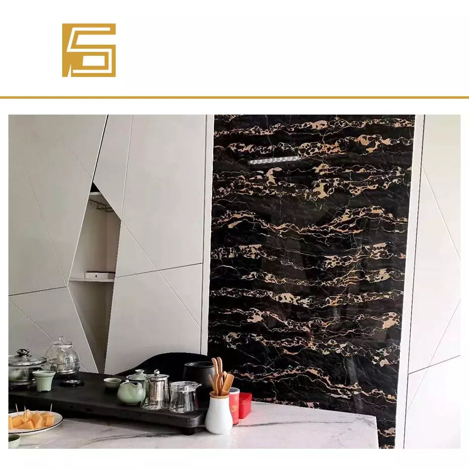 Italy Black Marble Slabs Black Portoro Marble With Golden Veins Flower Flooring Tiles