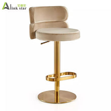 Charger l&#39;image dans la galerie, Modern velvet gold stainless steel swivel adjustable bar stool chair luxury gold bar chair
