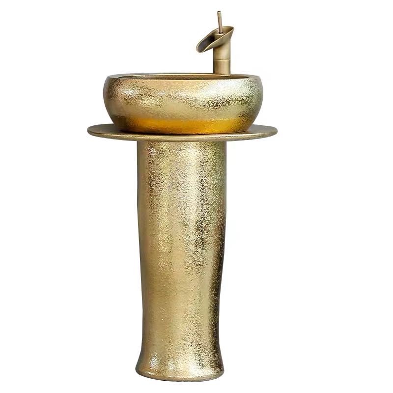 Porcelain gold hand washing pedestal sink basin with pedestal