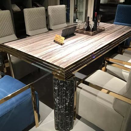 Ensemble de table à manger 8 places de luxe moderne avec mobilier en bois, marbre et cuir 