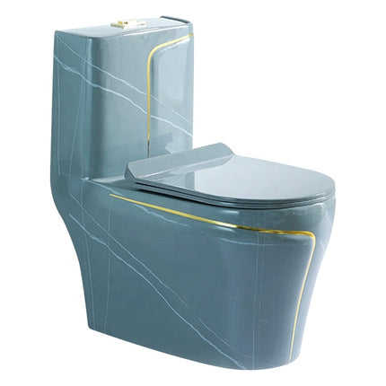 Keramik-Toilettenschüssel mit goldfarbenem Rand und blaugrüner Farbe 