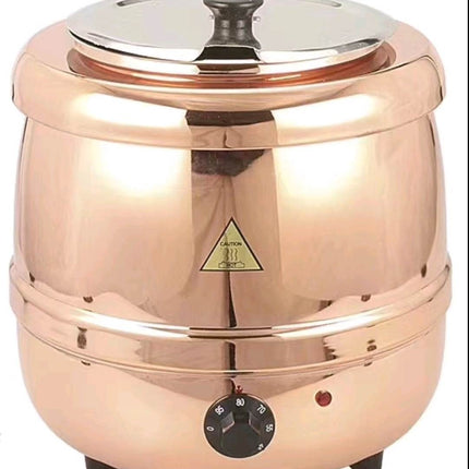 A 10L electric steam nonstick soup and porridge dispenser made of stainless steel with a copper-like finish, featuring a control knob on the front and a lid on top.
