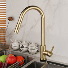 Lade das Bild in den Galerie-Viewer, kitchen elbow faucet single hole brass brushed gold kitchen faucet with Pullout Sprayer
