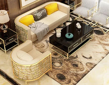 Load image into Gallery viewer, leather or fabric moder office sofa set with golden stainless steel legs gold modern stainless steel frame luxury single sofa
