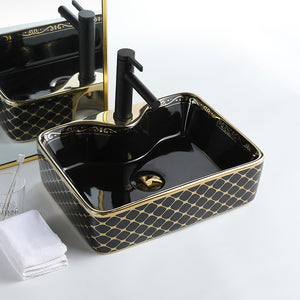 Luxury countertop porcelain lavatory washbasin art hand wash basin gold black ceramic sink