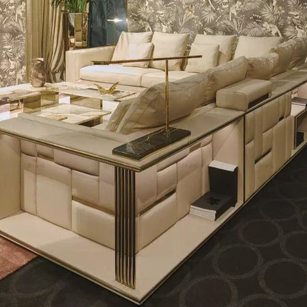 Großes modulares 7-Sitzer-Ecksofa aus Leder im modernen Stil, cremeweiß, Babylon-Ecksofa, im italienischen Stil, neuwertig, modular, cremeweiß 