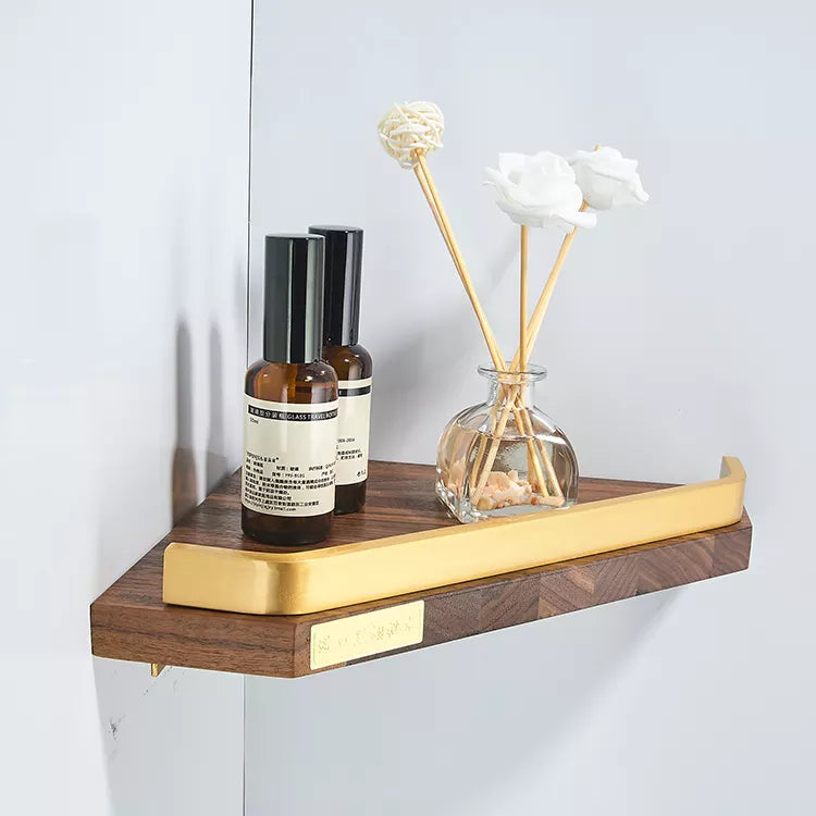 Brushed Gold Walnut Wooden Corner Basket Shower Caddy Shelf Wall Bathroom Shower Corner Caddy Shelf