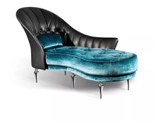 Load image into Gallery viewer, Italian design modern blue leather chaise lounge sofa bottom tufted cowhide leather wedding chaise lounge
