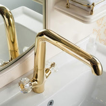 Load image into Gallery viewer, Deck Mounted dual crystal handle Golden basin faucet on stage basin sink
