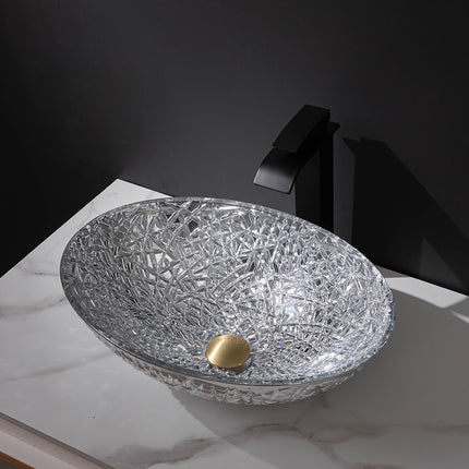 Silver Oval bathroom wash combo kit tempered glass basin waterfall solid faucet sink