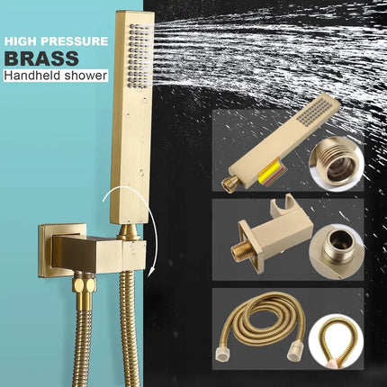 Solid brass high-pressure handheld shower with sleek rectangular design and brushed gold coating, complete kit with wall mount holder and durable gold hose – creates powerful spray while adding a touch of sophistication to your bathroom