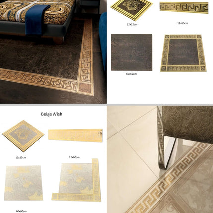 Elegant white and gold Versace-inspired border tiles measuring 12x60cm, boasting intricate mosaic detailing and Dubai’s signature luxury finish, 12 tiles included per box