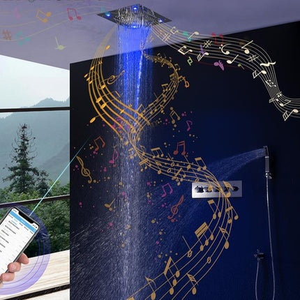 15-inch built-in ceiling shower head crafted from durable stainless steel, featuring vibrant LED lights and a built-in Bluetooth speaker – combines refreshing water flow, ambient lighting, and immersive audio for a spa-like shower experience