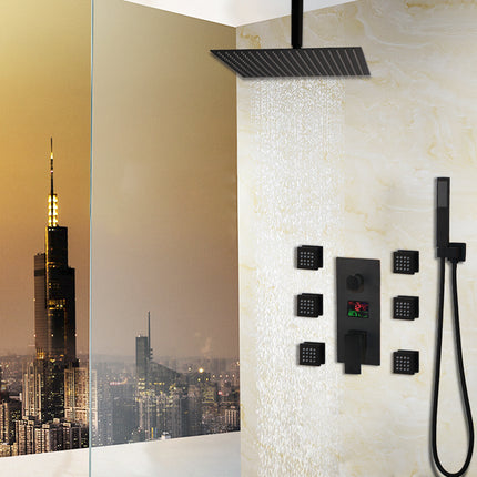 A black shower set including a 16-inch overhead square rain shower head, six body massage jets, and a digital display mixer control valve with a hand-held shower spray, all wall or ceiling mounted.