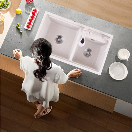Évier de cuisine en pierre de quartz avec robinet double blanc perle inclus 