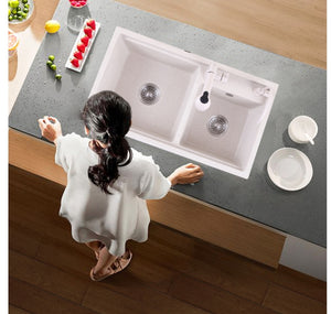 Quartz Stone  Kitchen Sink Double Pearl White Faucet Included
