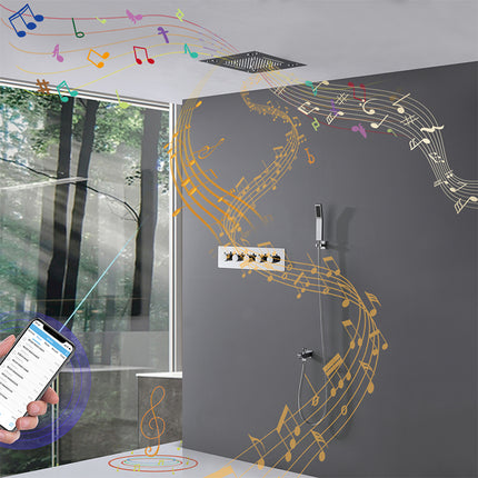 A shower head with built-in LED lights and a stainless steel Bluetooth speaker, controlled by a smartphone, in a bathroom setting.