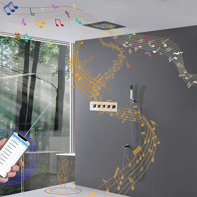 A shower head with built-in LED lights and a stainless steel Bluetooth speaker, controlled by a smartphone, in a bathroom setting.