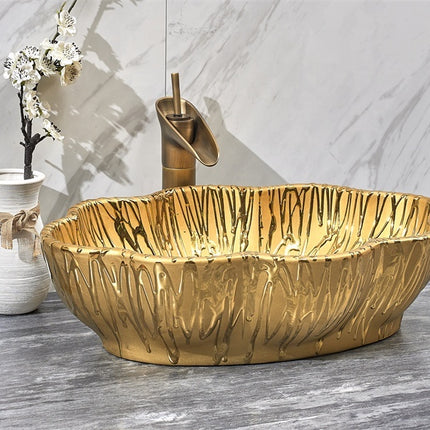 Flower edge ceramic hand wash golden basin for bathroom