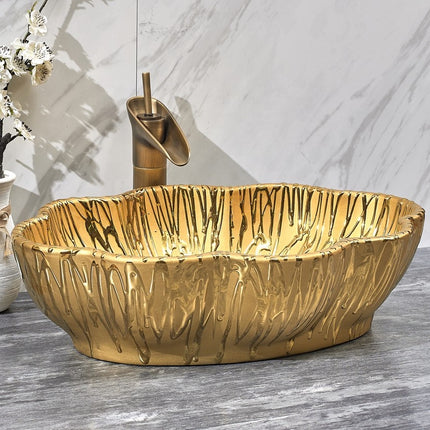 Flower edge ceramic hand wash golden basin for bathroom