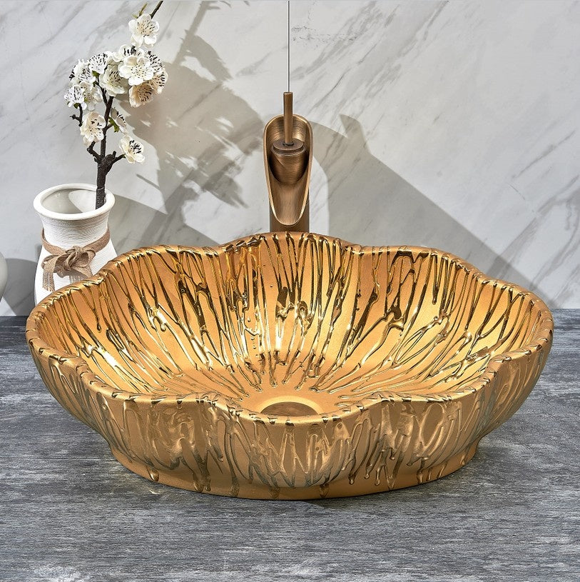 Flower edge ceramic hand wash golden basin for bathroom